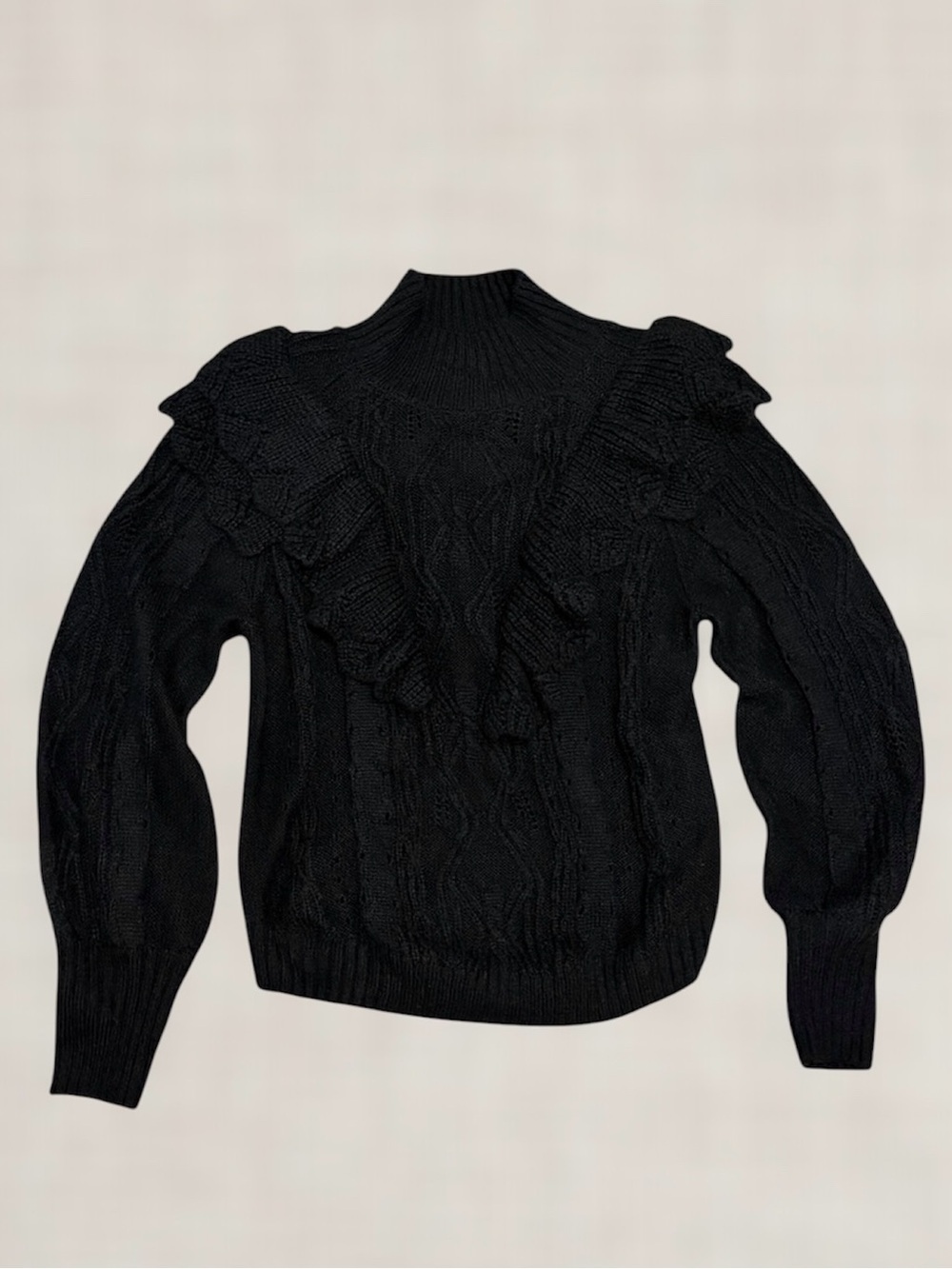 Anthropologie Maeve Ruffle Cable Knit Sweater Black Sz Medium